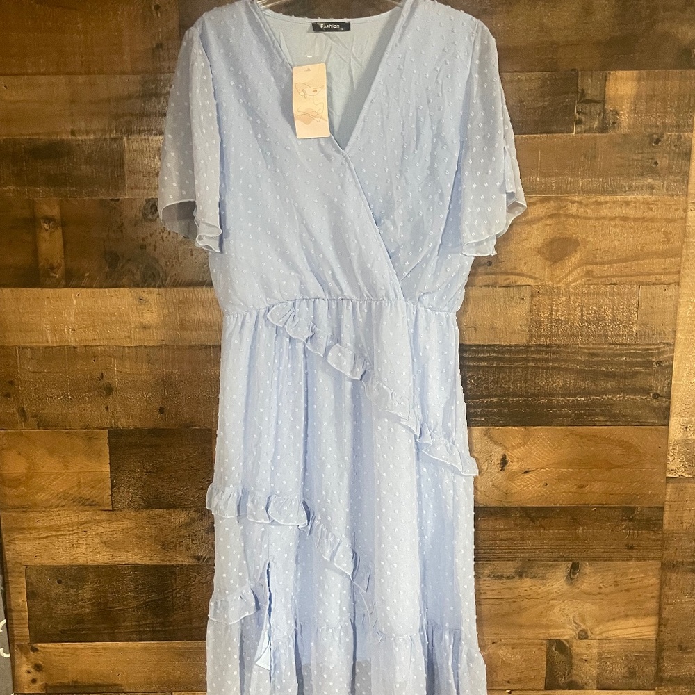 Flutter Short Sleeve Tiered V Neck Ruffle Dress